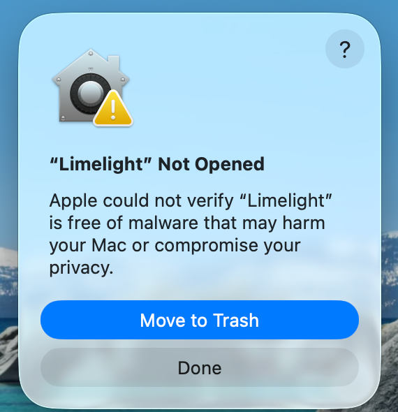 macOS Limelight Not Opened dialog