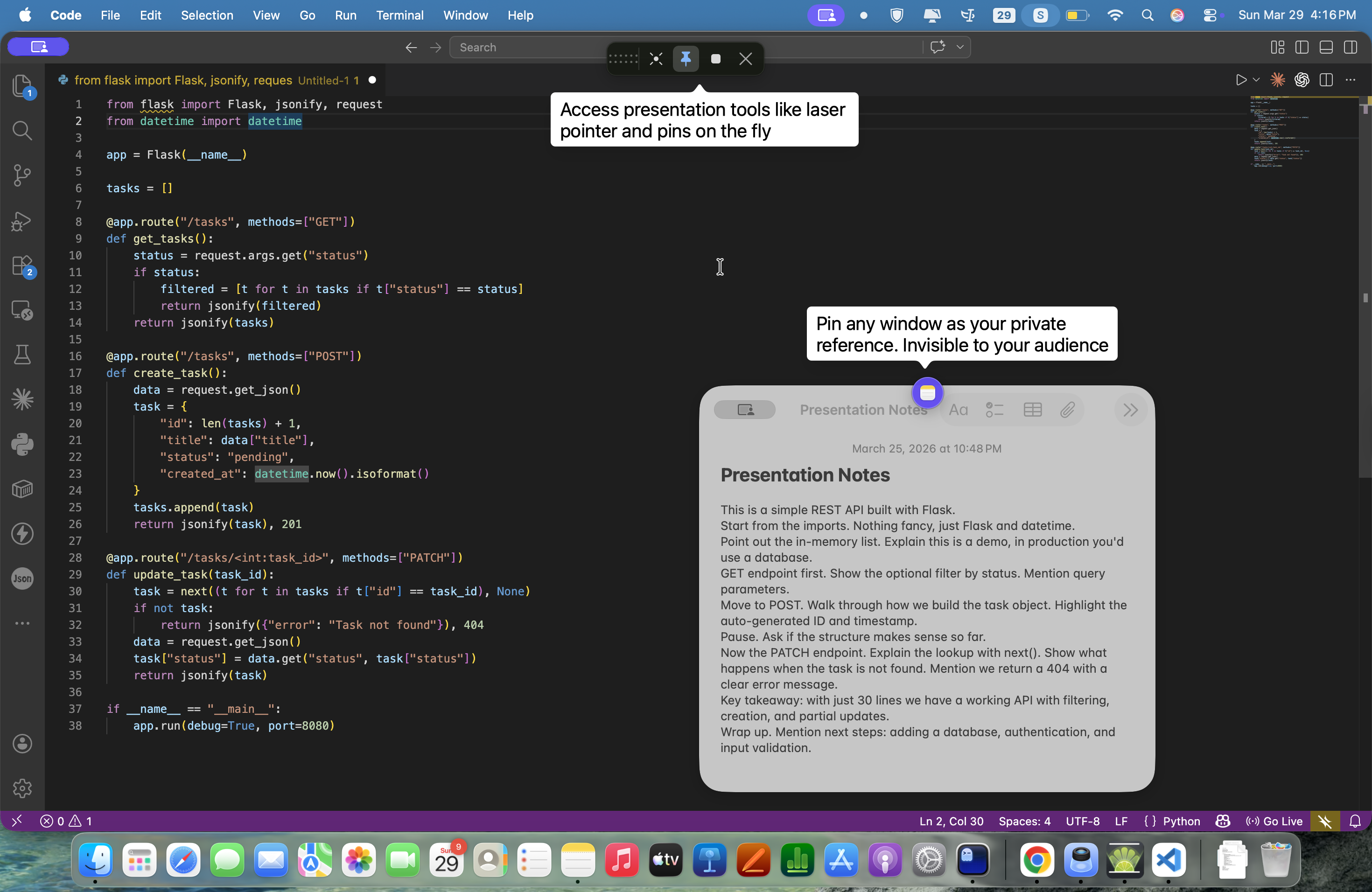 Presenter toolbar and pinned notes overlay